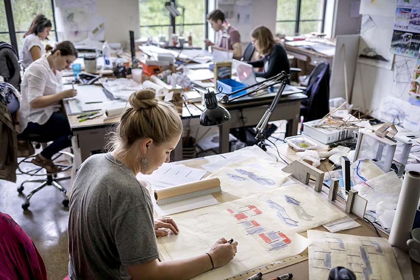 students working on a project in an architecture class