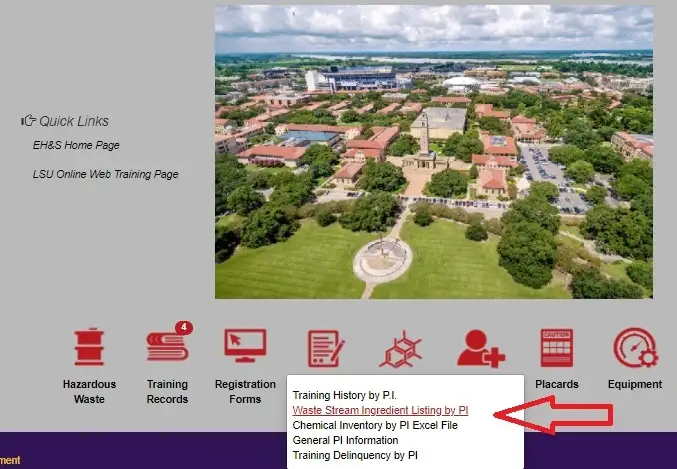 Under the reports tab, a list of options with an arrow pointing to "Waste Stream Ingredient Listing by PI".