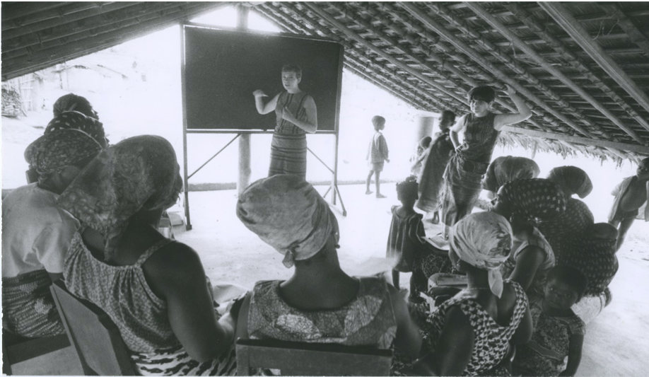 Volunteers conducting a community workshop.